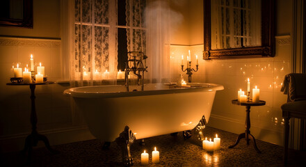 Golden Illuminated Bathroom Featuring a Clawfoot Bathtub, Candles, and Cozy Ambiance