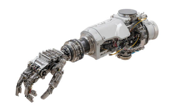 Detailed view of a robotic arm, showing internal mechanisms.  Complex, articulated hand