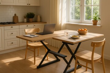Modern height adjustable dining table used both for working from home and having a meal in a bright kitchen with window and sunlight