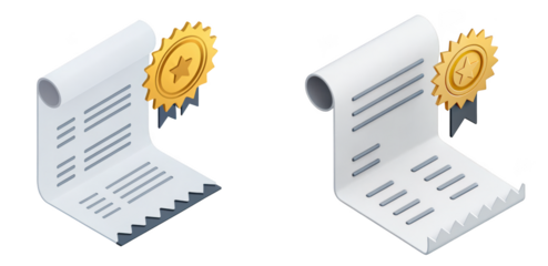 Two isometric scrolls with golden star badges, representing awards, certificates, or achievements, isolated on transparent background