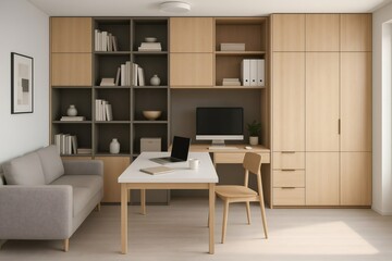 Fototapeta premium Cozy workspace with laptop and desktop computer featuring modern minimalist design, wooden furniture, and natural light creating a productive and inspiring atmosphere