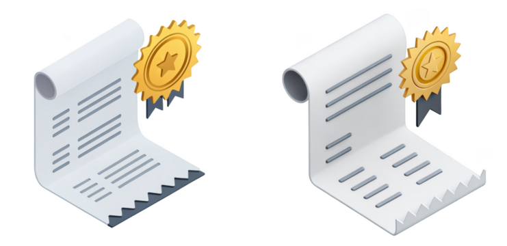 Two isometric scrolls with golden star badges, representing awards, certificates, or achievements, isolated on transparent background