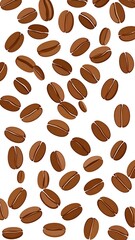 A repeated pattern of coffee beans scattered against a white backdrop.