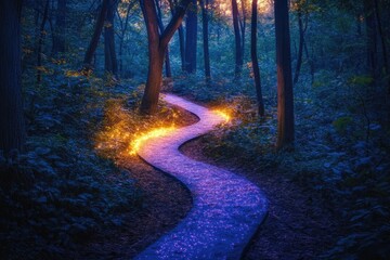 Fototapeta premium Enchanted forest path at twilight, illuminated by magical lights, winding through trees.
