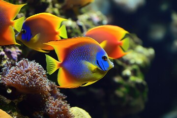 Vibrant blue, orange, and yellow angelfish swim gracefully near coral in a captivating underwater scene.