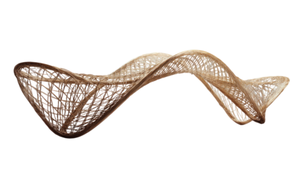 Abstract, organic, sculpted form; a light tan, intricate, woven design; long, flowing, curving lines