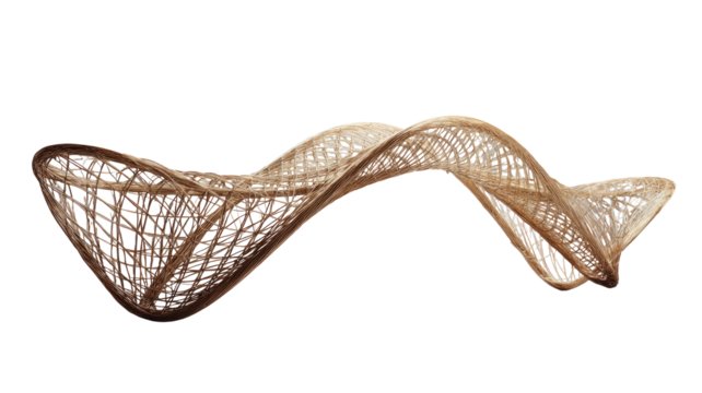 Abstract, organic, sculpted form; a light tan, intricate, woven design; long, flowing, curving lines