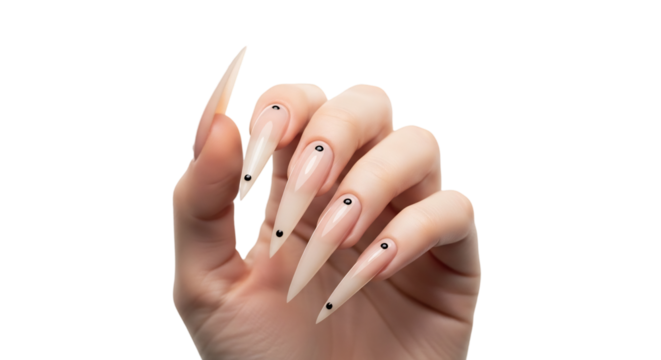 Elegant Long Nails with Black Dots, Studio Setting, High-Quality Photography, Minimalist Background