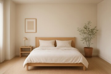 Modern minimalist bedroom design showcasing wooden furniture, neutral colors, and natural light, creating a serene and calming atmosphere perfect for relaxation