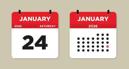 January 24 2026 Calendar Vector Illustration. 24 January calendar page. event reminder illustration. Day calendar with date January 24. Week Starts on Sunday. Checklist day calendar.