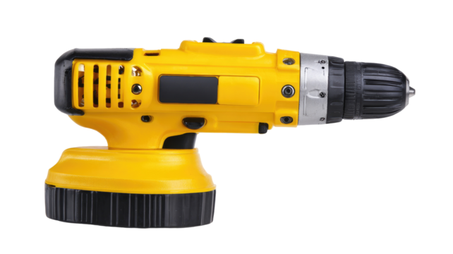 Yellow power drill, side view.  Compact, cordless electric drill, with a bright yellow body and black accents.  Features a chuck for attaching bits, and control switches.