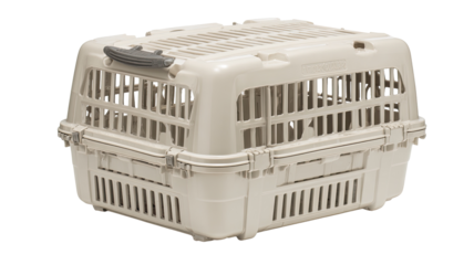 Beige plastic pet carrier, rectangular shape, with handle