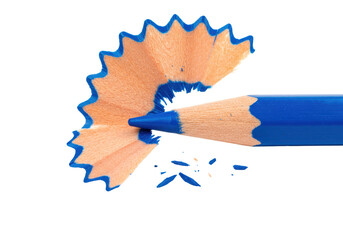 Isolated Blue pencil point after sharpening with wood shaving curl, art supply tool