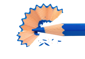 Isolated Blue pencil point after sharpening with wood shaving curl, art supply tool