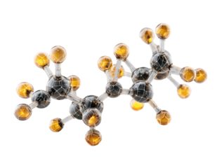 Complex molecule, 3D model,  featuring interconnected atoms.  Atoms depicted with transparent spheres,  some orange-yellow, some dark grey.