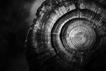 Black and white close-up of a tree cross-section, revealing concentric growth rings.