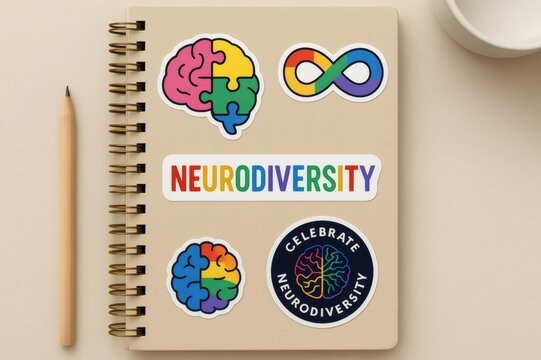 Neurodiversity stickers displayed on a notebook, symbolizing acceptance and understanding of neurological variations