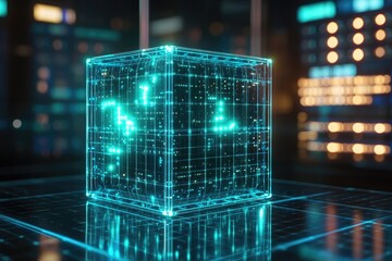 A glowing cyan cube displays intricate digital patterns, symbolizing data processing and technological advancement.