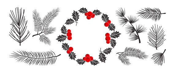 Christmas mistletoe wreath, winter fir branch and pine sprig, holly leaf and ilex berry. Floral holiday twig isolated on white background. Sketch evergreen plant, foliage decor. Vector illustration