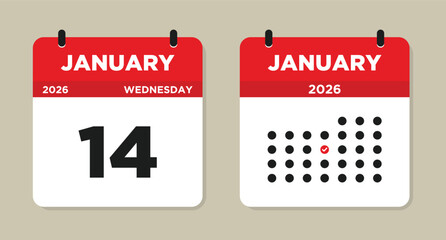 January 14 2026 Calendar Vector Illustration. 14 january calendar page. event reminder illustration. Day calendar with date January 14. Week Starts on Sunday. Checklist day calendar.