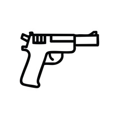 Handgun Outline Icon. Monochrome pistol emblem, signifying themes of defense, safety, and threat. This bold graphic symbolizes power, danger, and crucial security elements.