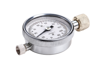 Close-up of a small, chrome-plated pressure gauge.  A round gauge with a needle, measuring markings, and a threaded fitting