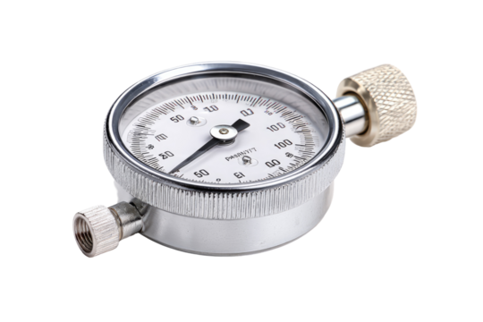 Close-up of a small, chrome-plated pressure gauge.  A round gauge with a needle, measuring markings, and a threaded fitting