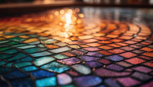 Close-up view of colorful stained glass tiles.