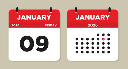January 9 2026 Calendar Vector Illustration. 9 january calendar page. event reminder illustration. Day calendar with date January 9. Week Starts on Sunday. Checklist day calendar.