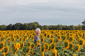 Silver-haired woman among sunflowers under sky