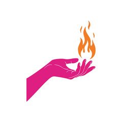Vibrant Hand Holding Bright Fire. A striking graphic features a fuchsia palm cradling a radiant orange inferno. It symbolizes passion, inner strength, and creative energy.