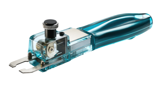 Teal-colored, transparent hand-held cutter with internal mechanisms.  A small, compact tool with a handle and a blade.  Visible internal components, including a rotating blade assembly and controls