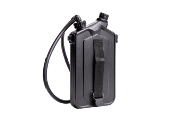 Dark gray water reservoir backpack,  with a carrying strap and hose
