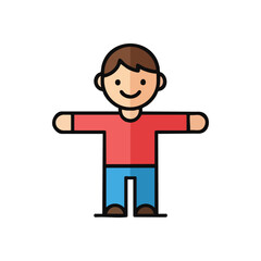 Cheerful Male Character Graphic. A joyful person with a wide smile, wearing a red top and blue bottoms, reaching out. This friendly visual embodies welcome and simplicity.