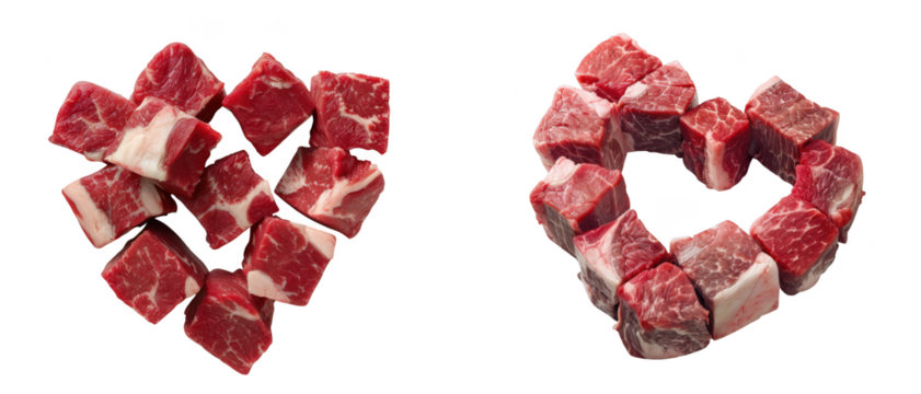Diced raw beef arranged in a heart shape and scattered, isolated on transparent background