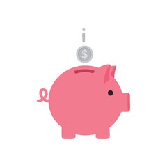 Pink Piggy Bank Coin Drop Icon. A cheerful porcine moneybox receives a gleaming silver dollar, symbolizing prudent financial growth and future investment for economic prosperity.