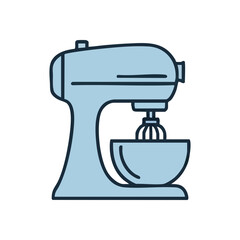 Kitchen Stand Mixer Appliance Icon. Minimalist graphic of a light blue culinary mixing machine with bowl and whisk. Symbolizes home baking, culinary passion, and kitchen efficiency.