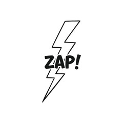 Zap Lightning Bolt Graphic. Dynamic illustration of an electric charge with a bold sound effect. Represents sudden energy, power, and surprising impact.