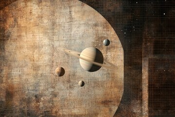 Stylized depiction of Saturn and its moons against a textured, grunge-like cosmic backdrop.