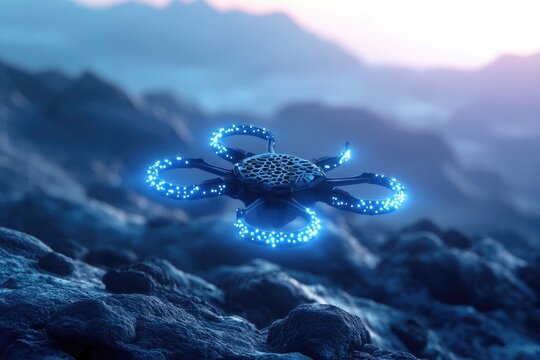 Futuristic drone with glowing blue lights hovering over a rocky, alien landscape at sunset.