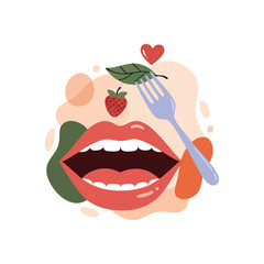 Nourishing Delights and Healthy Eating. An open mouth anticipates a delicious bite. This creative scene conveys a deep appreciation for fresh, wholesome ingredients and mindful consumption.