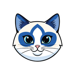 Fototapeta premium Cute Cartoon Cat Face Illustration. Adorable white feline head with striking blue facial markings and bright eyes, exuding a cheerful and engaging demeanor. Perfect for playful designs.