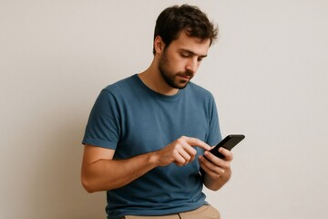 Casual man holding a smartphone, browsing the internet, engaging with social media, and reading the latest news in a modern setting
