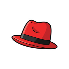 Stylish Red Fedora Hat Illustration. Vibrant crimson headwear with a sleek black band. This elegant design suggests timeless fashion and confident personal style.