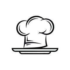 Gourmet Kitchen Cap Dish Icon. A sophisticated cook's toque gracefully sits upon a pristine serving plate, embodying culinary mastery and delicious cuisine. Ideal for hospitality or eateries.