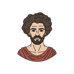 Ancient Bearded Man Illustration. Stylized portrait of a curly haired male with facial hair, evoking classical figures. Simple line art with a timeless feel.