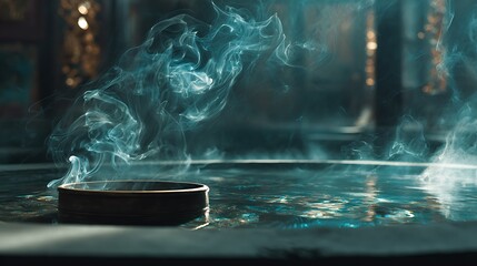 A small bowl sits on a reflective surface with wisps of smoke rising in a dark and mysterious setting