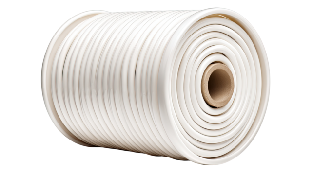 Rolled-up spool of white flexible tubing