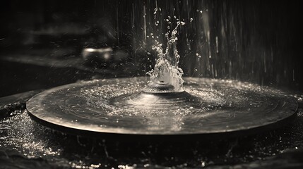 Close up of water splashing on a metal surface in a dark environment with rain falling down