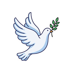 Peaceful Dove with Olive Branch. Illustrated white pigeon in flight, carrying a verdant sprig. This classic emblem represents global harmony, new hope, and divine spirit.